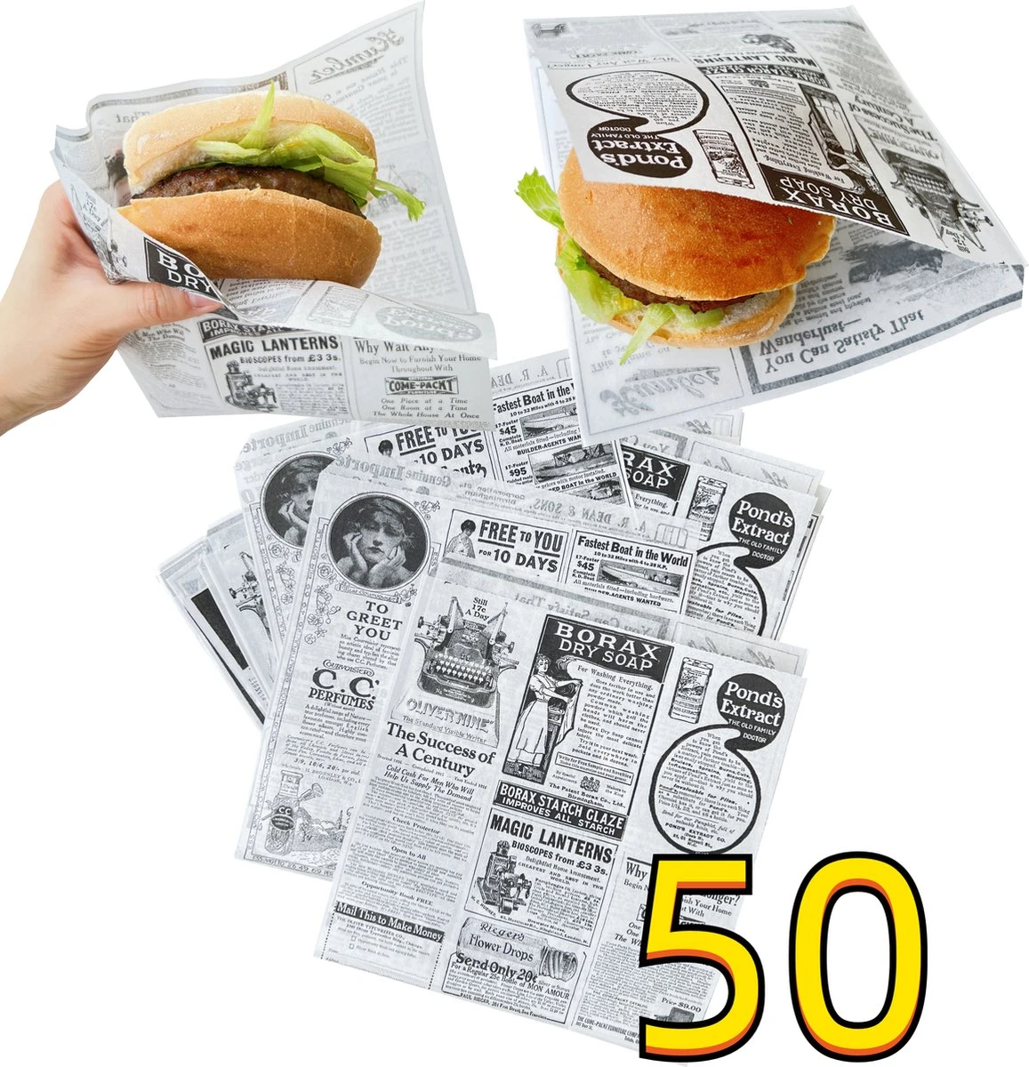 Rainbecom - 50 Stuks - 19 x 17 cm - Hamburger Zakje Papier - Vetvrij Papier - Papieren Zak voor Sandwiches - Krant Rainbecom - 50 Stuks - 19 X 17 Cm - Hamburger Zakje Papier - Vetvrij Papier - Papieren Zak Voor Sandwiches - Krant -Heng Kookserie Winkel