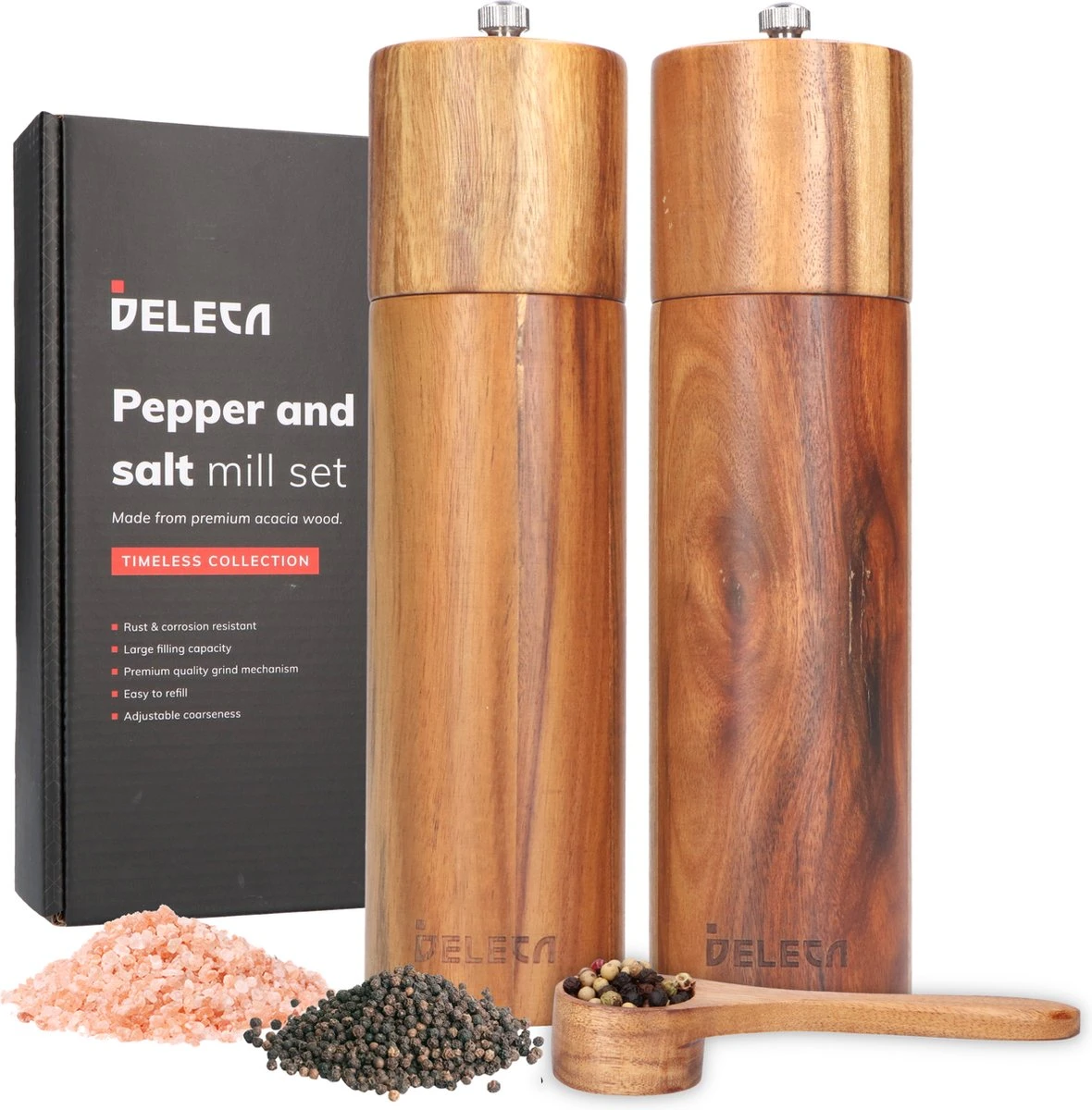 Deleca Luxe Peper en Zoutmolen Set - Zout / Pepermolen - Handmatig - Met Navul Lepel & Geschenkdoos - Acacia Hout - Rond Deleca Luxe Peper En Zoutmolen Set - Zout / Pepermolen - Handmatig - Met Navul Lepel & Geschenkdoos - Acacia Hout - Rond -Heng Kookserie Winkel