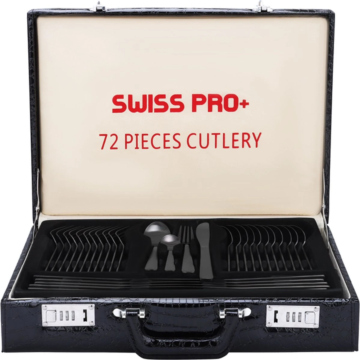 Swiss Pro+ Bestekset in Koffer-72 delig-12 persoons-Zwitsers Kwaliteit-Complete Set-100% roestvrijstaal- Zwart Swiss Pro+ Bestekset In Koffer-72 Delig-12 Persoons-Zwitsers Kwaliteit-Complete Set-100% Roestvrijstaal- Zwart -Heng Kookserie Winkel