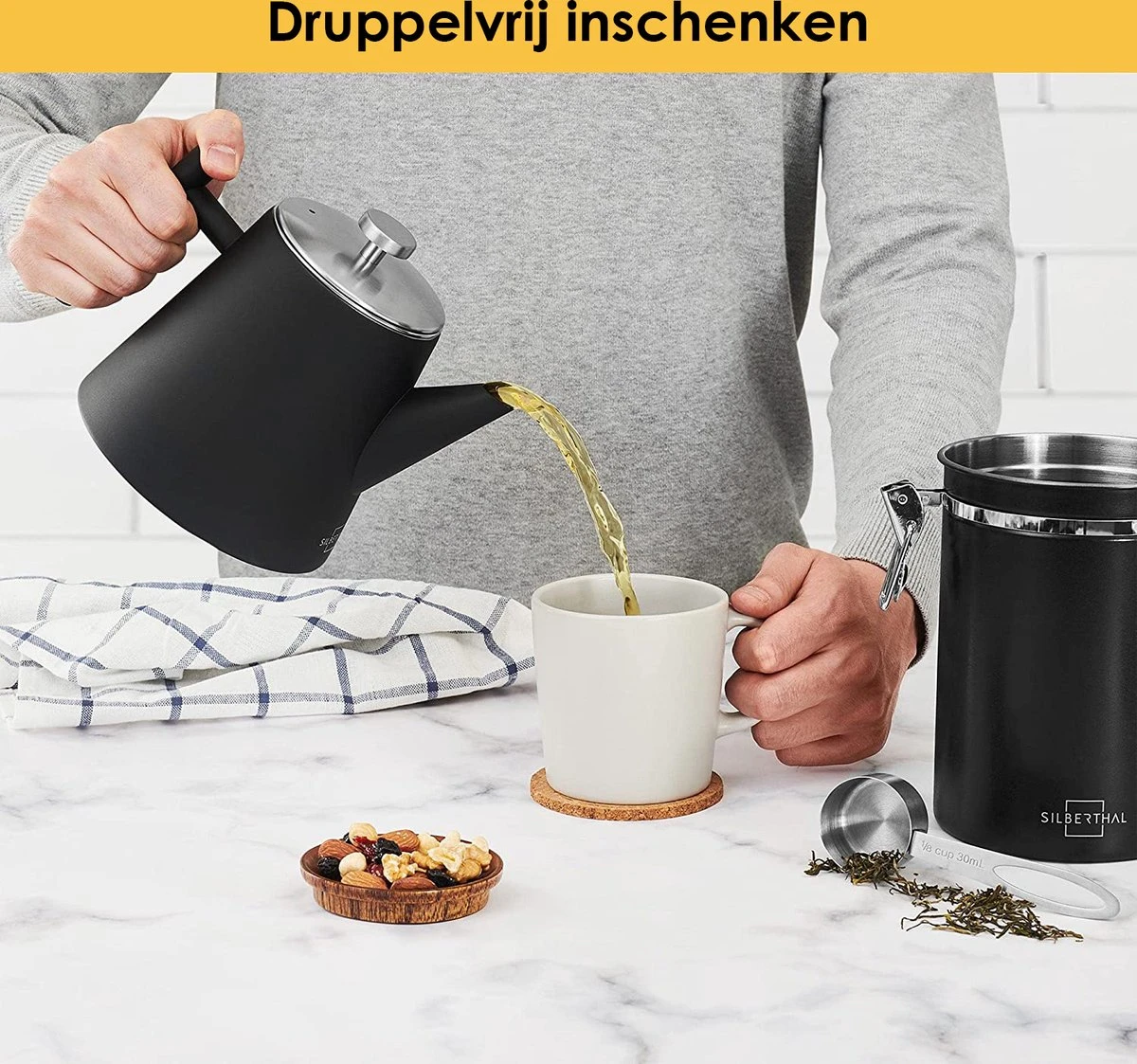 Silberthal - Theepot Met Filter - 1 L - RVS Dubbelwandig - Zwart - Cadeau Silberthal - Theepot Met Filter - 1 L - RVS Dubbelwandig - Zwart - Cadeau -Heng Kookserie Winkel