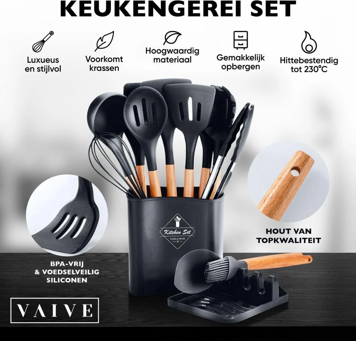 VAIVE Kookgerei set 13-delig met Houder - Keukengerei Set - Garde - Spatel Silicone VAIVE Kookgerei Set 13-delig Met Houder - Keukengerei Set - Garde - Spatel Silicone -Heng Kookserie Winkel
