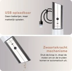DODANA Premium Peper - & Zoutmolen Elektrisch - 1 Stuk - Pepermolen - Zoutmolen - Oplaadbaar - USB - Elektrische Pepermolen - RVS - Zwaartekracht Functie - LED Lamp - Nl Handleiding - Incl Borsteltje -Heng Kookserie Winkel 1200x1192