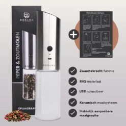 DODANA Premium Peper - & Zoutmolen Elektrisch - 1 Stuk - Pepermolen - Zoutmolen - Oplaadbaar - USB - Elektrische Pepermolen - RVS - Zwaartekracht Functie - LED Lamp - Nl Handleiding - Incl Borsteltje -Heng Kookserie Winkel 1200x1199
