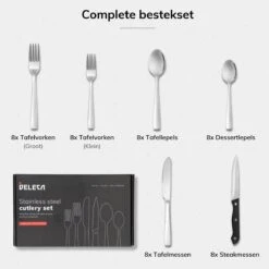 Deleca 8 Persoons Bestekset (48-delig) - Lepels, Messen, Vorken & Steakmessen - Vaatwasserbestendig - Zilver / RVS 11 Deleca 8 Persoons Bestekset (48-delig) - Lepels, Messen, Vorken & Steakmessen - Vaatwasserbestendig - Zilver / RVS -Heng Kookserie Winkel 1200x1200 50