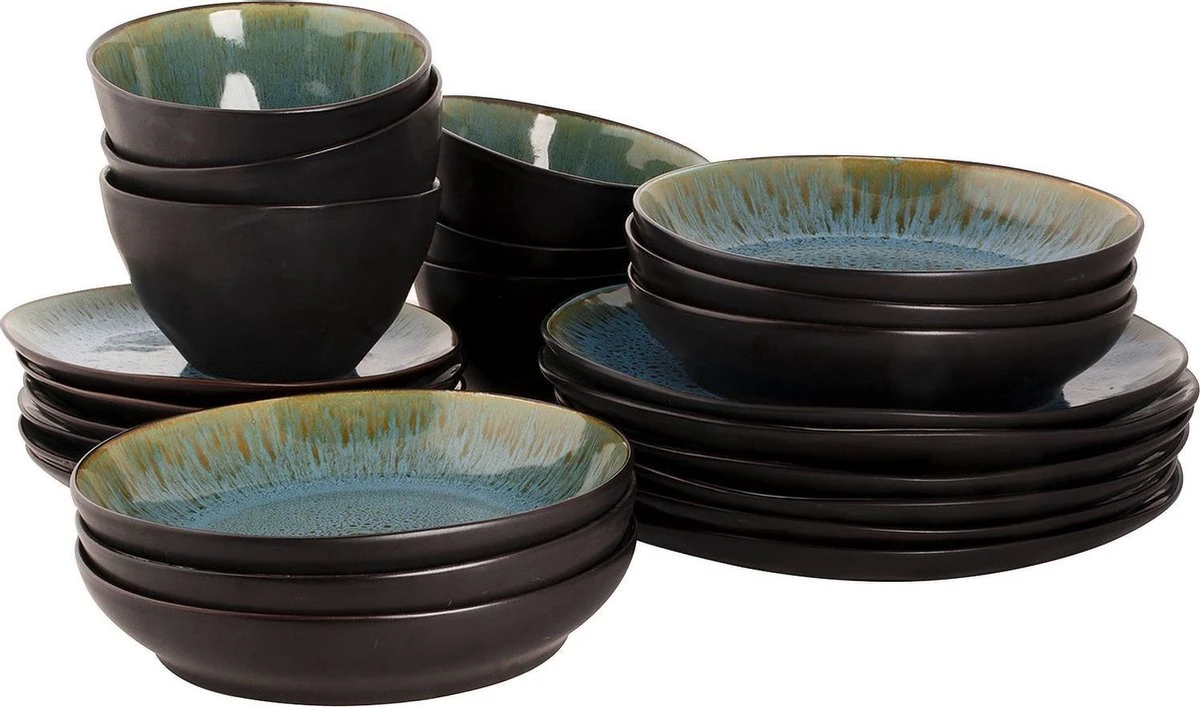 Palmer Serviesset Lotus Stoneware 6-persoons 24-delig Zwart Turquoise Palmer Serviesset Lotus Stoneware 6-persoons 24-delig Zwart Turquoise -Heng Kookserie Winkel