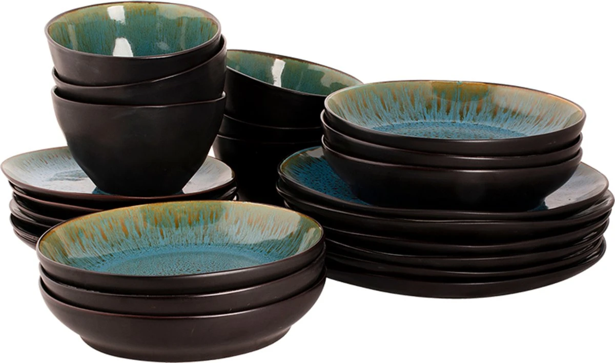 Palmer Serviesset Lotus Stoneware 6-persoons 24-delig Zwart Turquoise Palmer Serviesset Lotus Stoneware 6-persoons 24-delig Zwart Turquoise -Heng Kookserie Winkel