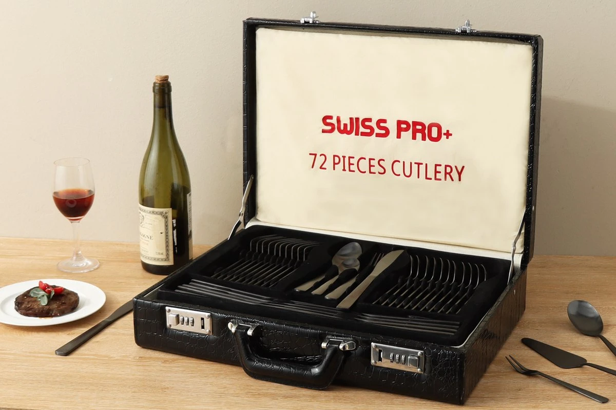 Swiss Pro+ Bestekset in Koffer-72 delig-12 persoons-Zwitsers Kwaliteit-Complete Set-100% roestvrijstaal- Zwart Swiss Pro+ Bestekset In Koffer-72 Delig-12 Persoons-Zwitsers Kwaliteit-Complete Set-100% Roestvrijstaal- Zwart -Heng Kookserie Winkel 1200x799 12