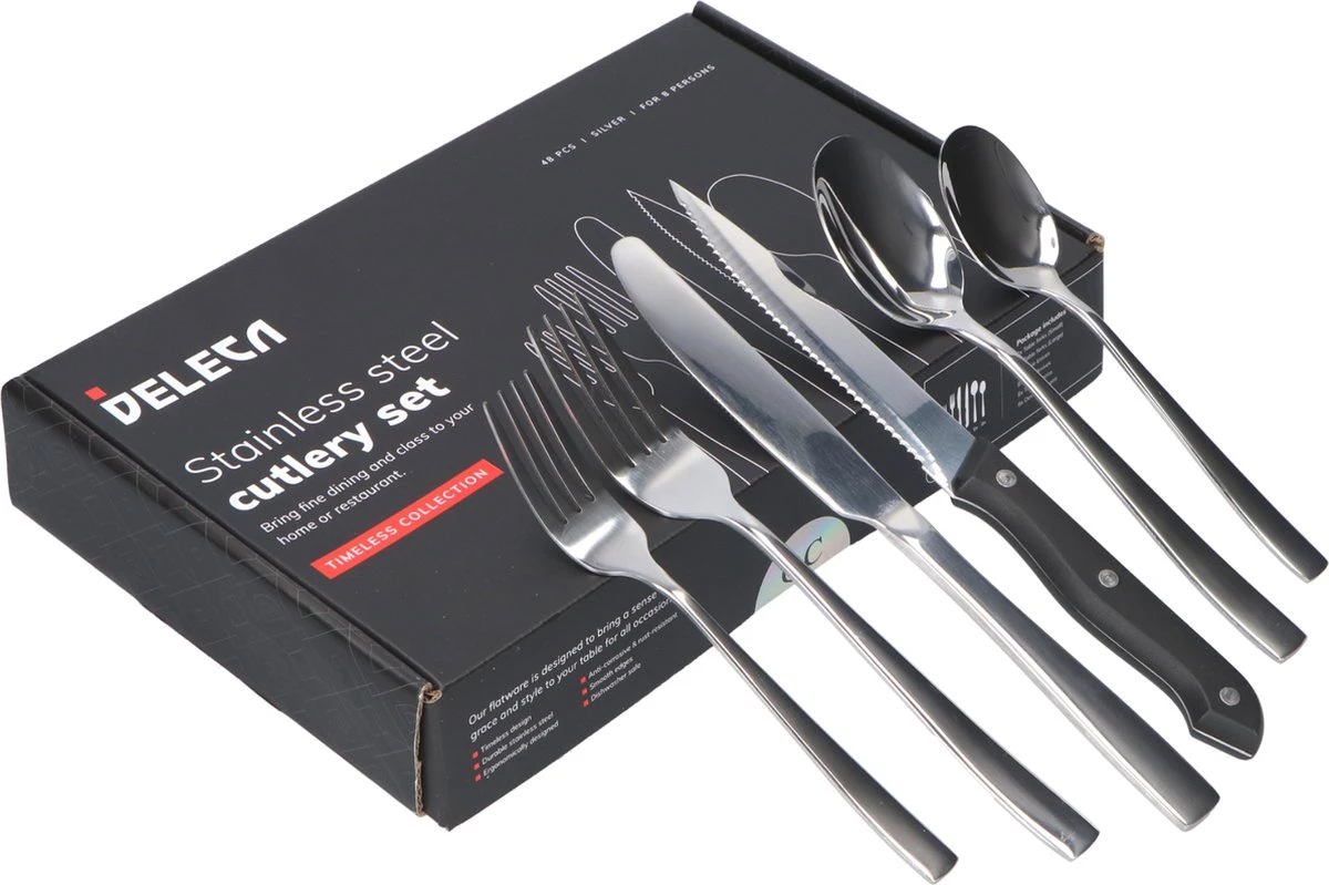 Deleca 8 Persoons Bestekset (48-delig) - Lepels, Messen, Vorken & Steakmessen - Vaatwasserbestendig - Zilver / RVS Deleca 8 Persoons Bestekset (48-delig) - Lepels, Messen, Vorken & Steakmessen - Vaatwasserbestendig - Zilver / RVS -Heng Kookserie Winkel 1200x799 18