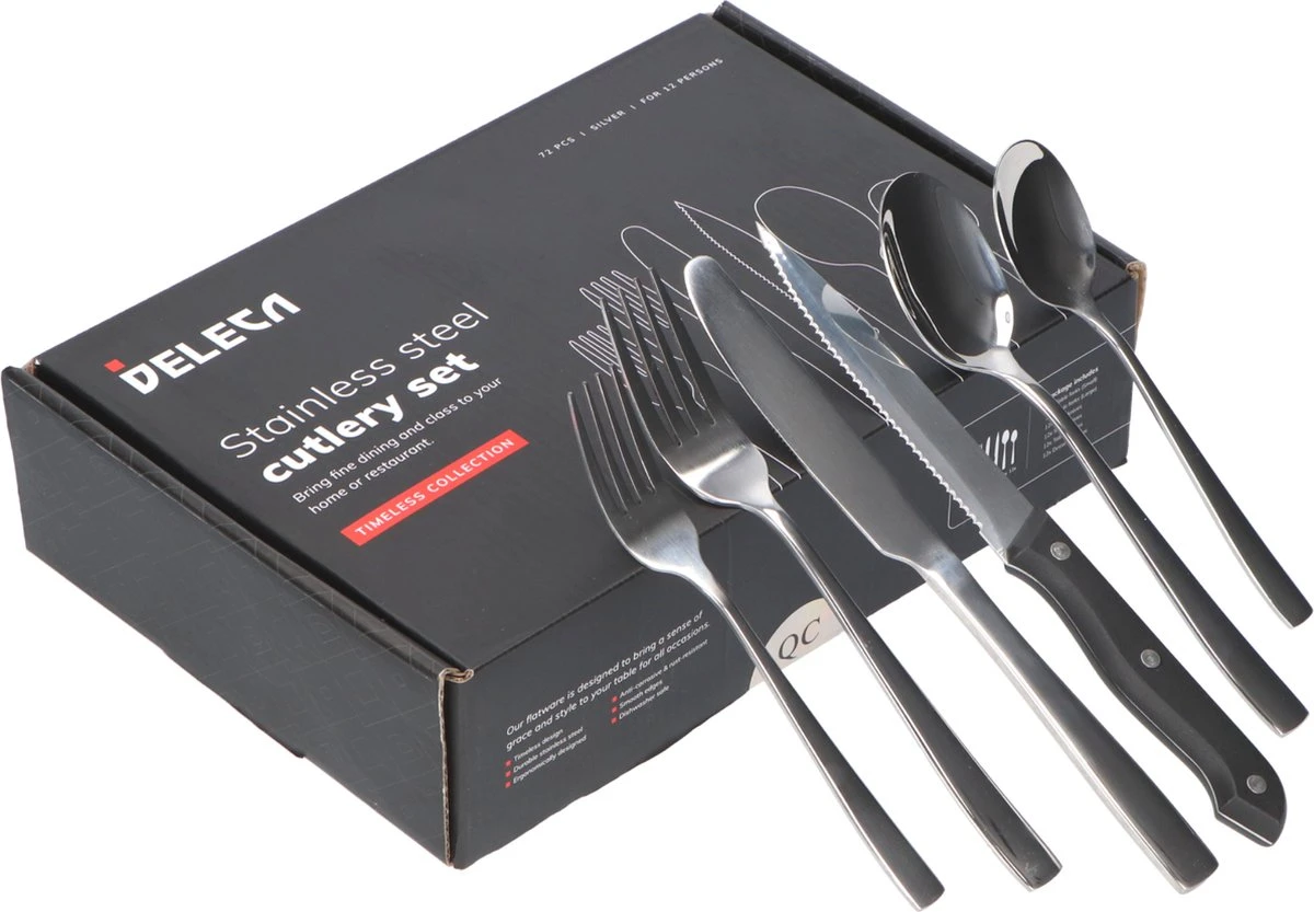 Deleca 12 Persoons Bestekset (72-delig) - Lepels, Messen, Vorken & Steakmessen - Vaatwasserbestendig - Zilver / RVS Deleca 12 Persoons Bestekset (72-delig) - Lepels, Messen, Vorken & Steakmessen - Vaatwasserbestendig - Zilver / RVS -Heng Kookserie Winkel