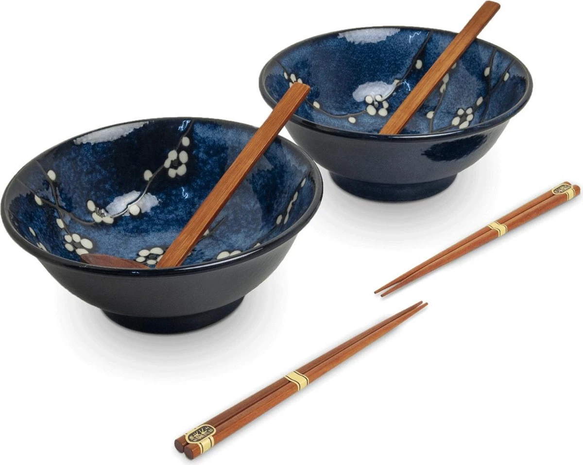 EDO JAPAN - RAMEN BOWL SET/6 2PERS HANA BLAUW O/22CM|H9CM EDO JAPAN - RAMEN BOWL SET/6 2PERS HANA BLAUW O/22CM|H9CM -Heng Kookserie Winkel