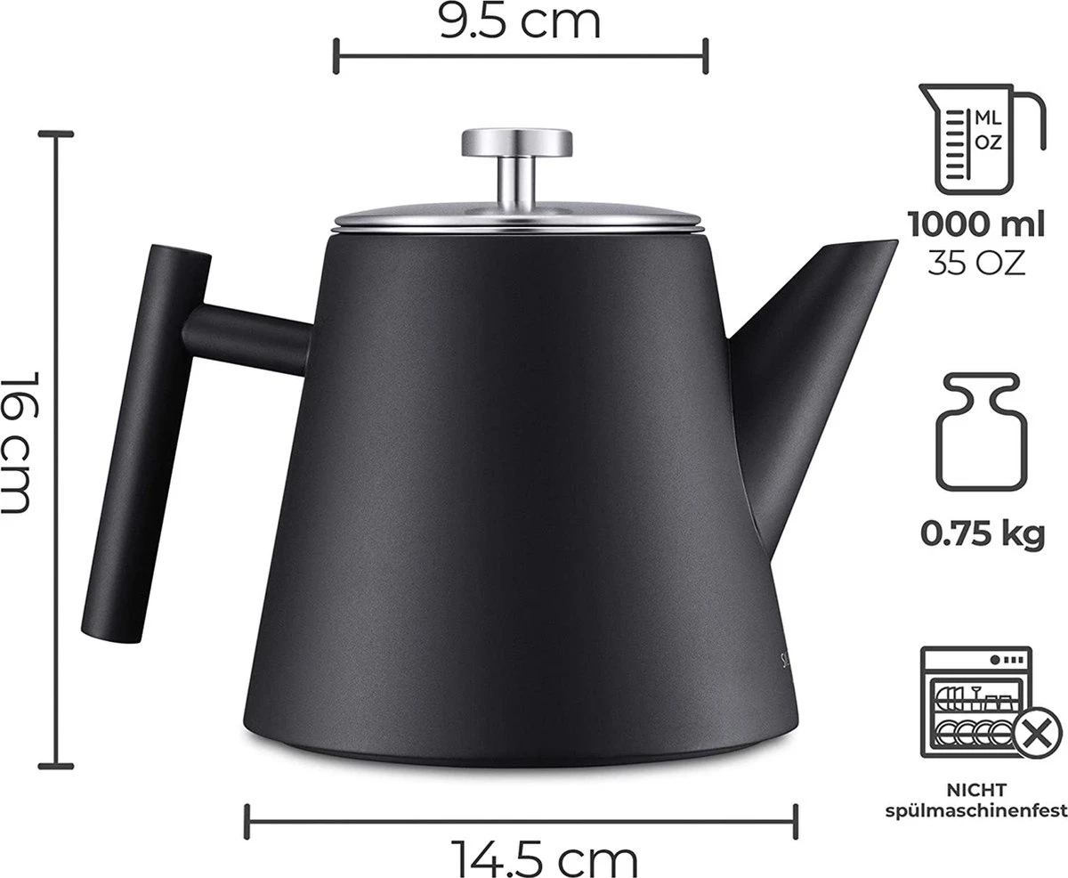 Silberthal - Theepot Met Filter - 1 L - RVS Dubbelwandig - Zwart - Cadeau Silberthal - Theepot Met Filter - 1 L - RVS Dubbelwandig - Zwart - Cadeau -Heng Kookserie Winkel