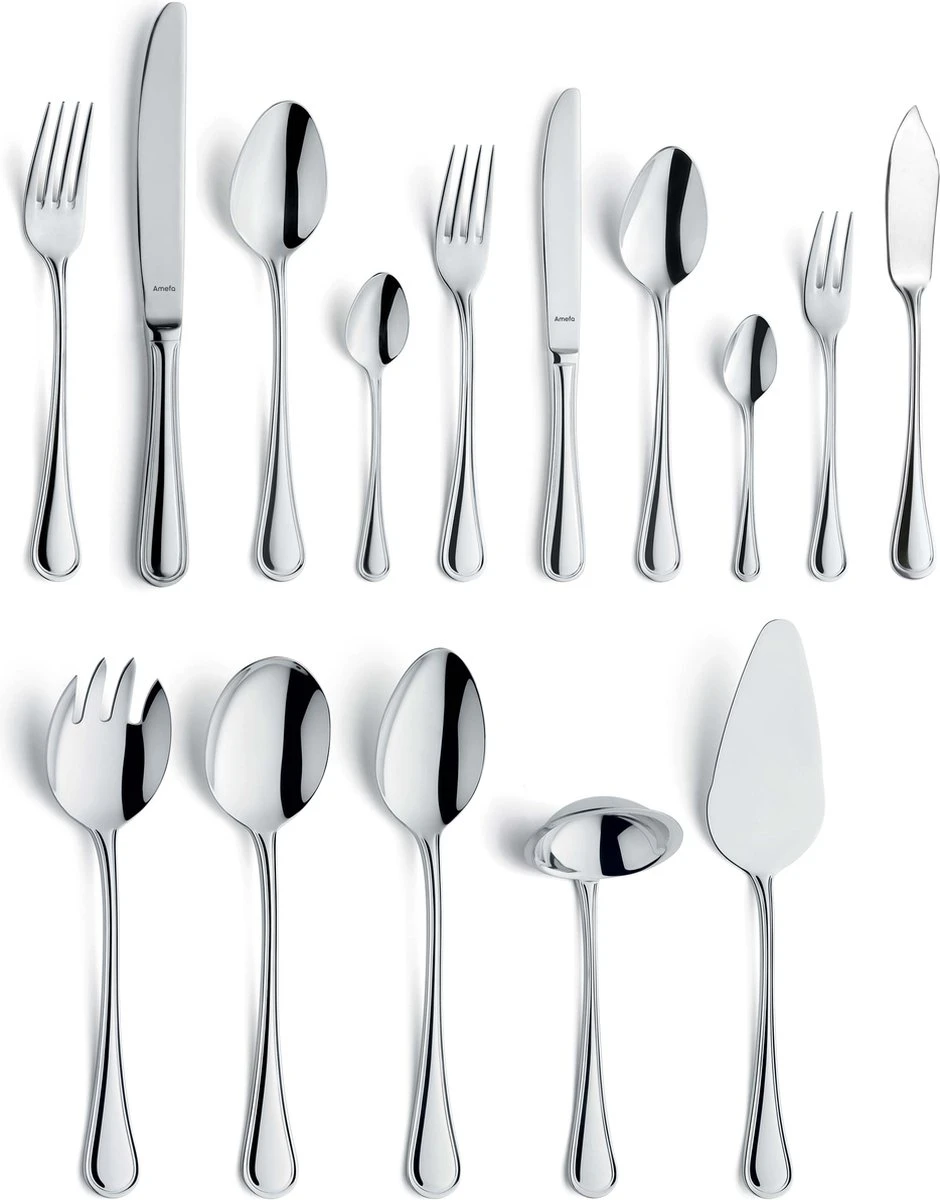 Amefa Rossini 66 delige bestekset - uitgebreide complete set inclusief serveer bestek en vismessen - 6 personen Amefa Rossini 66 Delige Bestekset - Uitgebreide Complete Set Inclusief Serveer Bestek En Vismessen - 6 Personen -Heng Kookserie Winkel